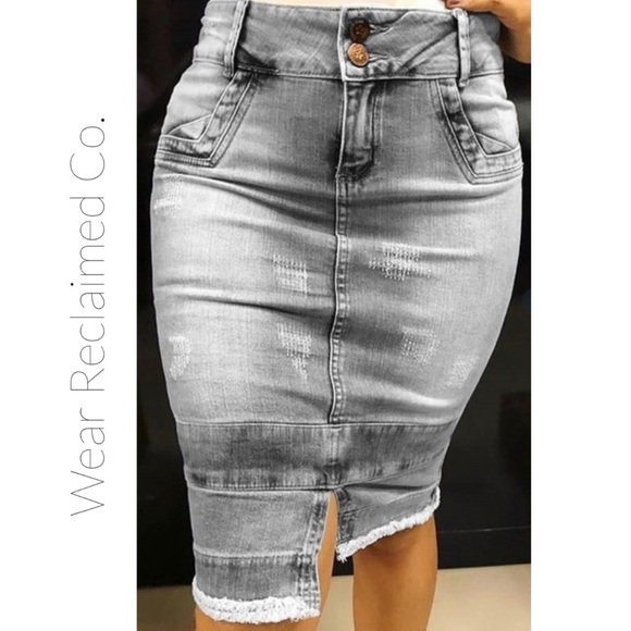 Dresses & Skirts - Distressed Faded Stretch Denim Jean Skirt
